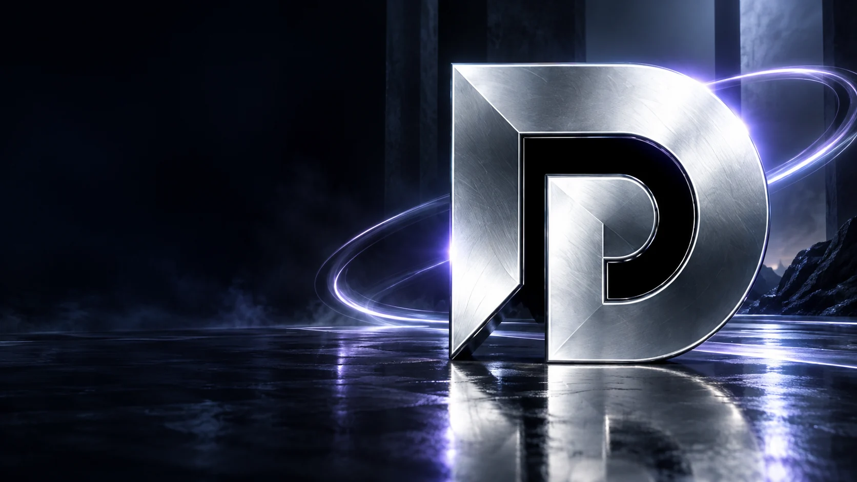 Connected platinum DP monogram with violet light trails and a floor reflection